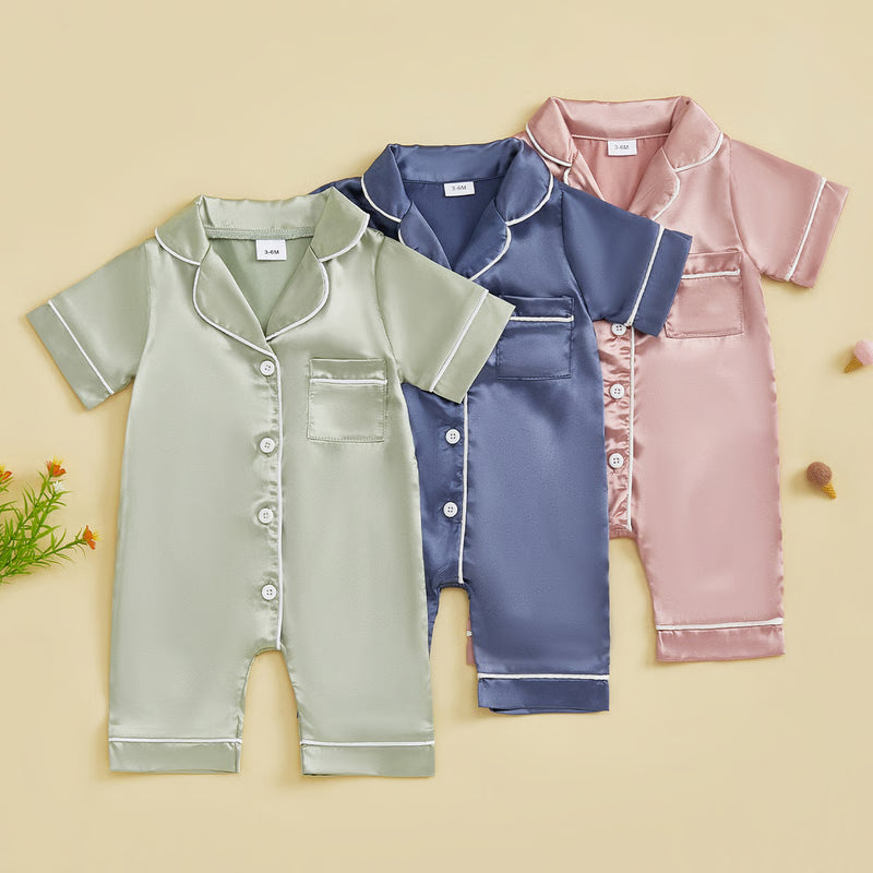 Soft Satin Baby Pajamas Romper, Patchwork Turn-Down Collar Short Sleeve Jumpsuit for Newborn Sleepwear