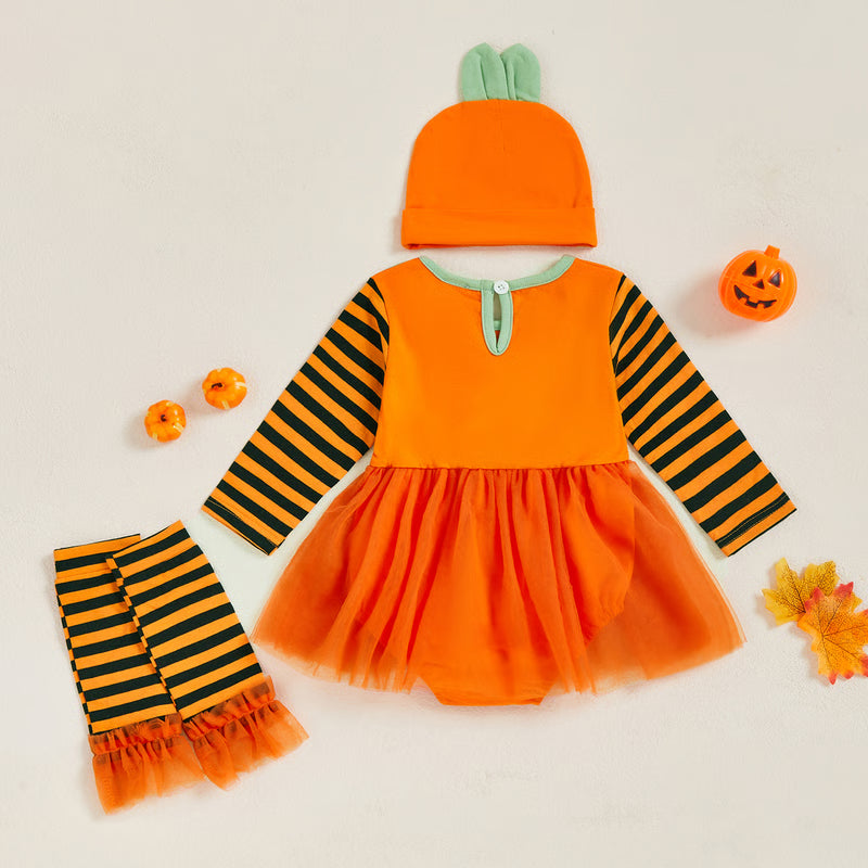 Pumpkin Print Halloween Romper, Newborn Baby Girl Costume, with Hat, Leg Warmers, Long Sleeve Dress