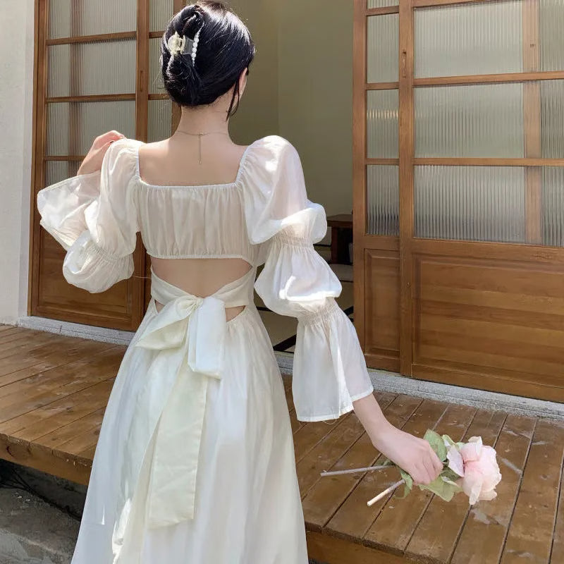 Elegant Sweet Puff Sleeves Dress Women, Long Sleeve Backless Bow Bandage Dresses, White Square Collar Party Vestidos