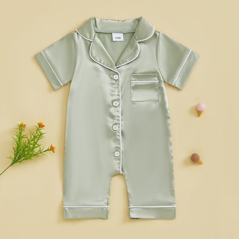 Soft Satin Baby Pajamas Romper, Patchwork Turn-Down Collar Short Sleeve Jumpsuit for Newborn Sleepwear