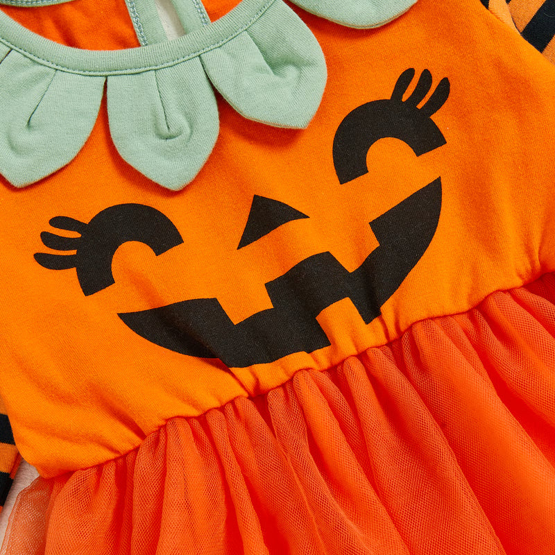 Pumpkin Print Halloween Romper, Newborn Baby Girl Costume, with Hat, Leg Warmers, Long Sleeve Dress