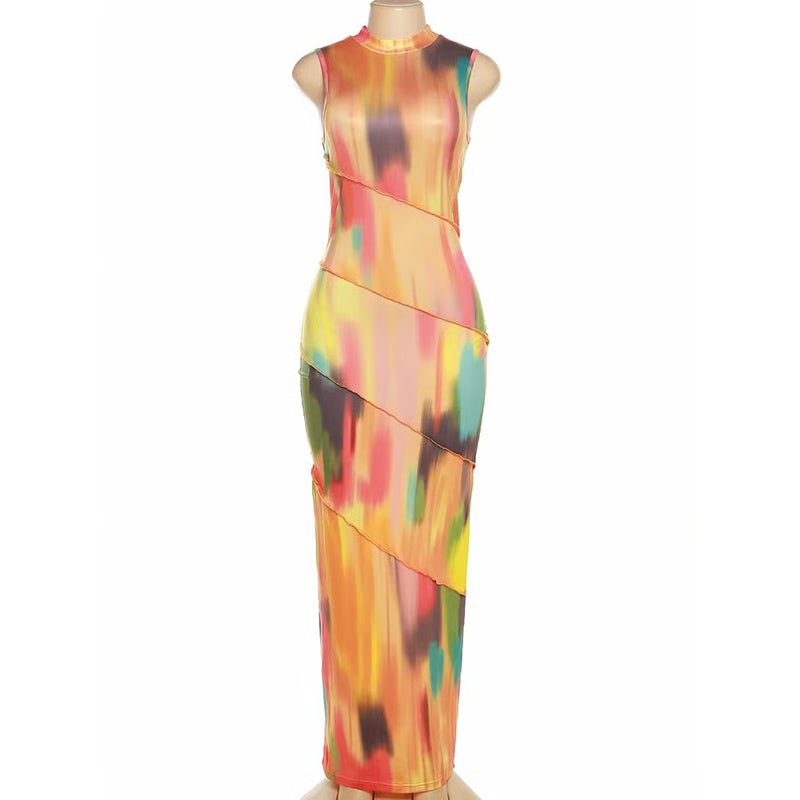 Colorblock Bodycon Patchwork Dress – Sleeveless Summer Clubwear for Women