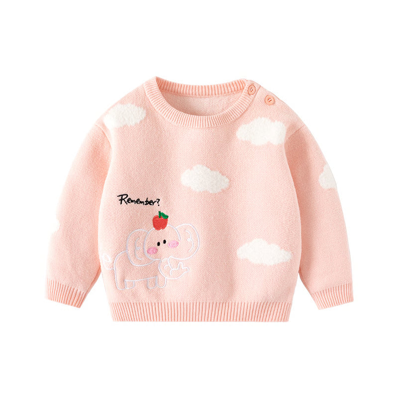 Autumn Winter Kids Sweaters Cartoon, Elephant Cloud Jacquard Pullover, Soft Toddlers Baby Tops Knitwears for Children