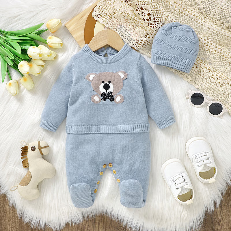 0-18m Baby Romper and Hat Set, Soft Knitted Newborn Boy Outwear, 2pcs Long Sleeve Playsuit Costume for Spring, Fall