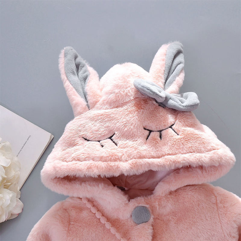 Baby Girl Clothes Long Sleeve Set, Cute Rabbit Hoodie Jacket, Winter Plush Bow Outfit Kids Clothes with Bag