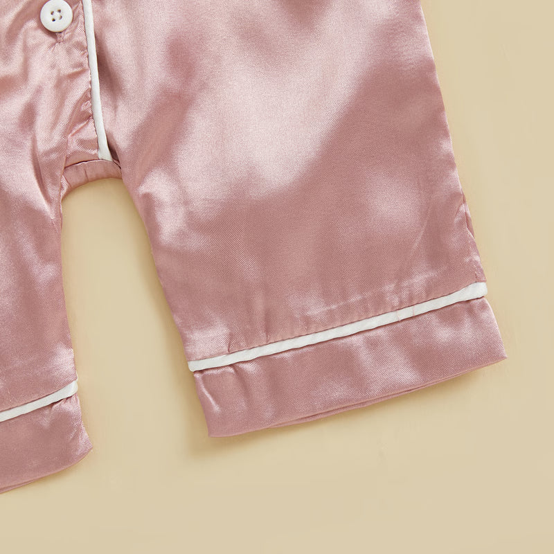 Soft Satin Baby Pajamas Romper, Patchwork Turn-Down Collar Short Sleeve Jumpsuit for Newborn Sleepwear