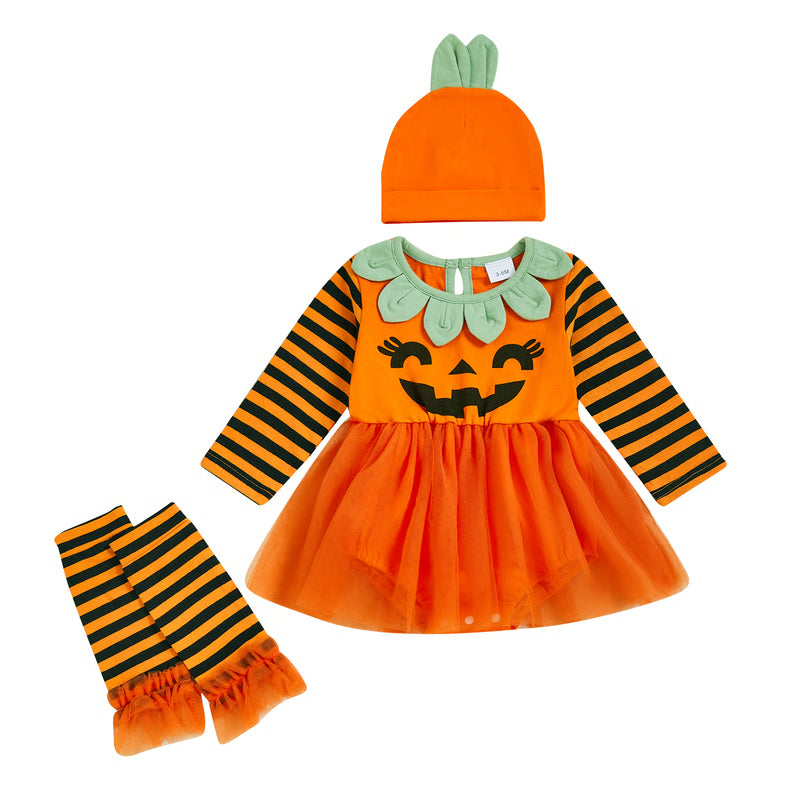 Pumpkin Print Halloween Romper, Newborn Baby Girl Costume, with Hat, Leg Warmers, Long Sleeve Dress