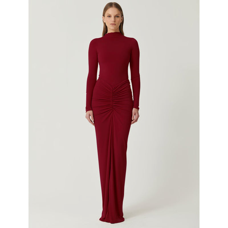 Tossy Pleated Fashion Patchwork Maxi Dress, Women's High Waist Long Sleeve Solid Slim Party Dress Summer Style