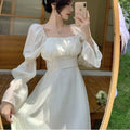 Elegant Sweet Puff Sleeves Dress Women, Long Sleeve Backless Bow Bandage Dresses, White Square Collar Party Vestidos