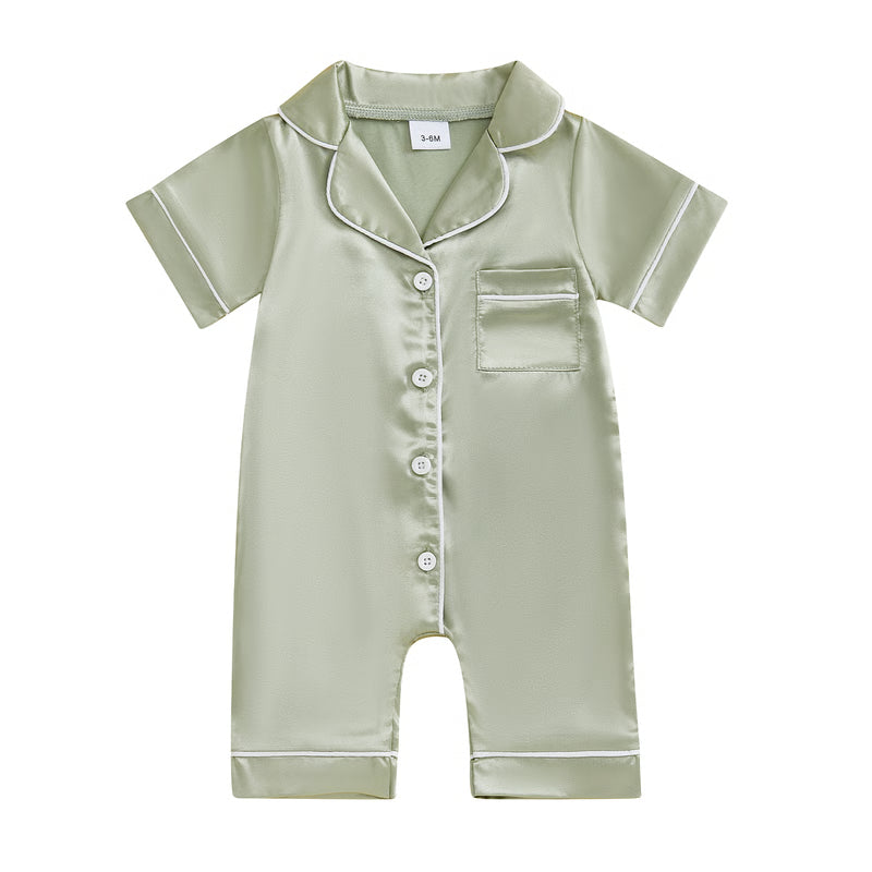 Soft Satin Baby Pajamas Romper, Patchwork Turn-Down Collar Short Sleeve Jumpsuit for Newborn Sleepwear