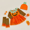 Pumpkin Print Halloween Romper, Newborn Baby Girl Costume, with Hat, Leg Warmers, Long Sleeve Dress