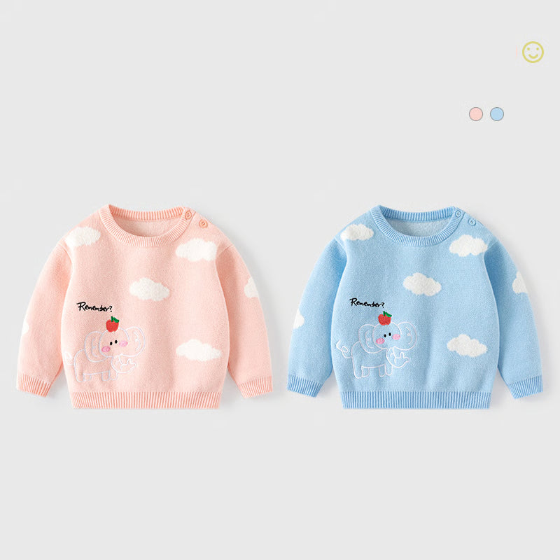 Autumn Winter Kids Sweaters Cartoon, Elephant Cloud Jacquard Pullover, Soft Toddlers Baby Tops Knitwears for Children