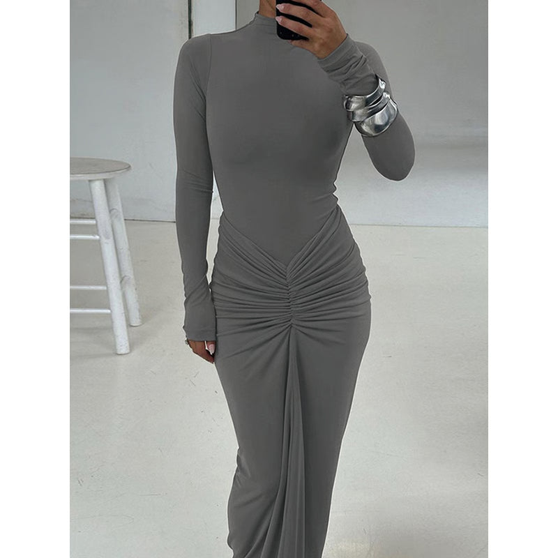 Tossy Pleated Fashion Patchwork Maxi Dress, Women's High Waist Long Sleeve Solid Slim Party Dress Summer Style