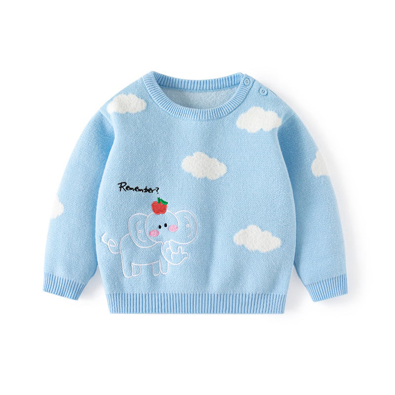 Autumn Winter Kids Sweaters Cartoon, Elephant Cloud Jacquard Pullover, Soft Toddlers Baby Tops Knitwears for Children