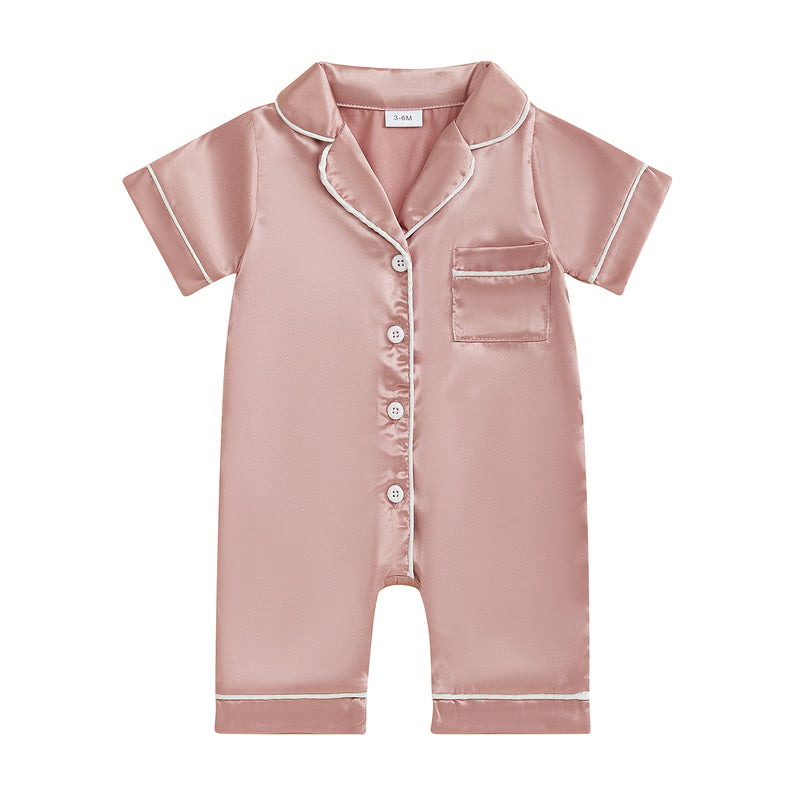 Soft Satin Baby Pajamas Romper, Patchwork Turn-Down Collar Short Sleeve Jumpsuit for Newborn Sleepwear