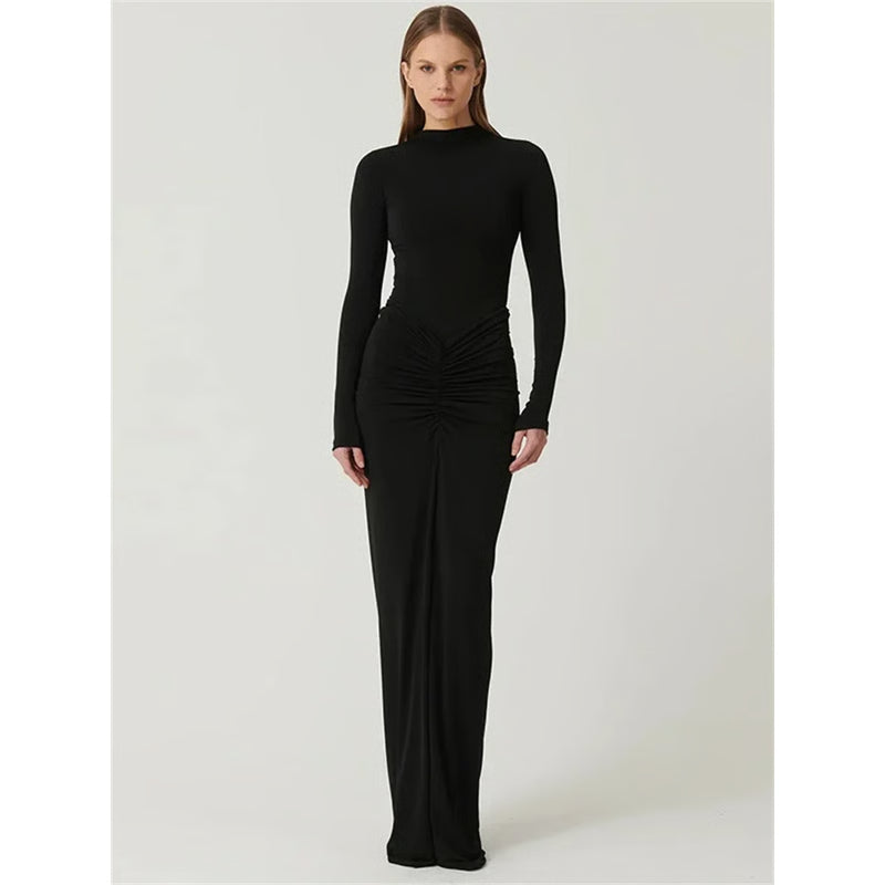 Tossy Pleated Fashion Patchwork Maxi Dress, Women's High Waist Long Sleeve Solid Slim Party Dress Summer Style