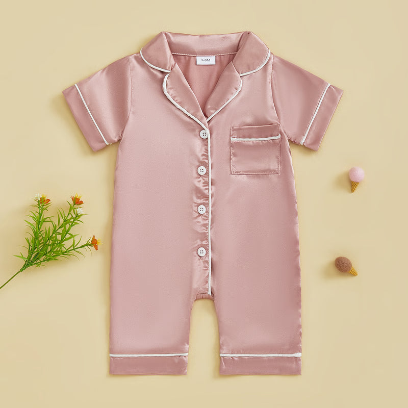 Soft Satin Baby Pajamas Romper, Patchwork Turn-Down Collar Short Sleeve Jumpsuit for Newborn Sleepwear