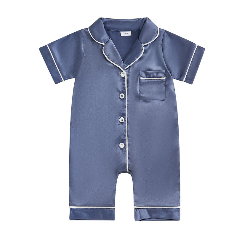 Soft Satin Baby Pajamas Romper, Patchwork Turn-Down Collar Short Sleeve Jumpsuit for Newborn Sleepwear
