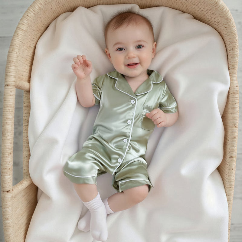 Soft Satin Baby Pajamas Romper, Patchwork Turn-Down Collar Short Sleeve Jumpsuit for Newborn Sleepwear