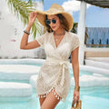 White Lace Swim Cover Up Dress, Sexy V-Neck Long Beachwear Tunic for Women Bikini & Swimwear
